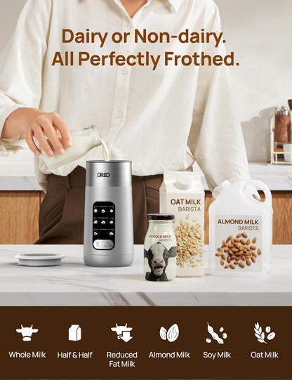 Dreo Milk Frother, 8-in-1 Electric Frother for Latte Art Coffee, 9oz/270ml Warm and Cold Foam Automatic Frothers for Dairy and Non-Dairy Milk, LED, Easy to Clean, BaristaMaker Air