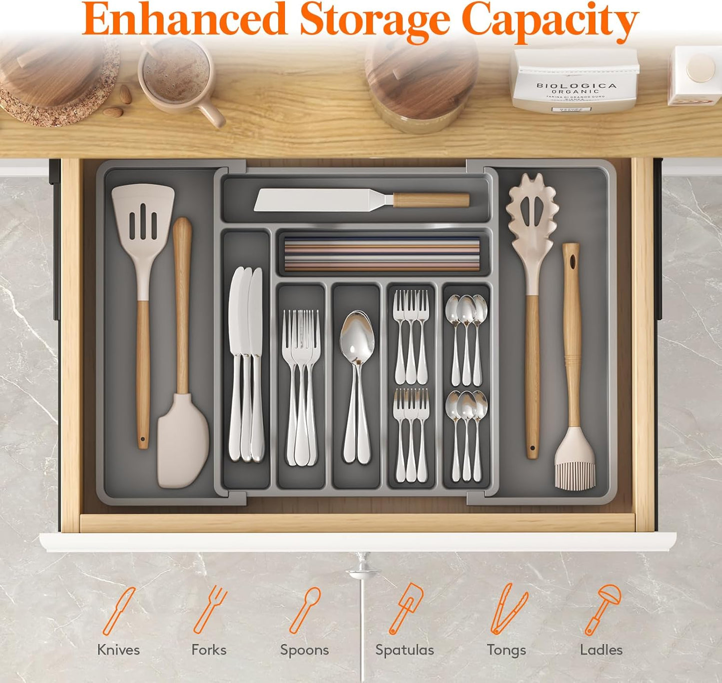 Lifewit Cutlery Organizer, Expandable Utensil Organizer for Kitchen, Utensil Holder, Adjustable Cutlery Rack Organizer for Spoons, Knives, Kitchen Organizers and Storage, Black