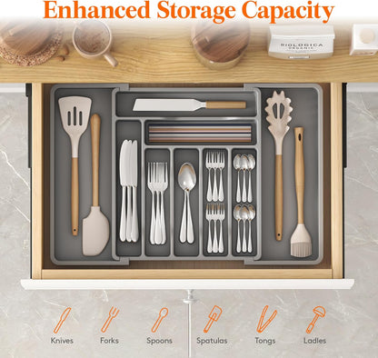 Lifewit Cutlery Organizer, Expandable Utensil Organizer for Kitchen, Utensil Holder, Adjustable Cutlery Rack Organizer for Spoons, Knives, Kitchen Organizers and Storage, Black