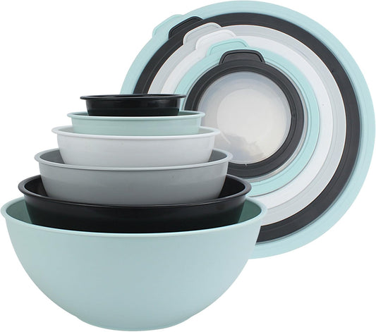 COOK WITH COLOR Mixing Bowls with TPR Lids - 12 Piece Plastic Nesting Bowls Set Includes 6 Prep Bowls and 6 Lids, Microwave Safe Mixing Bowl Set (Mint) - PuriLite