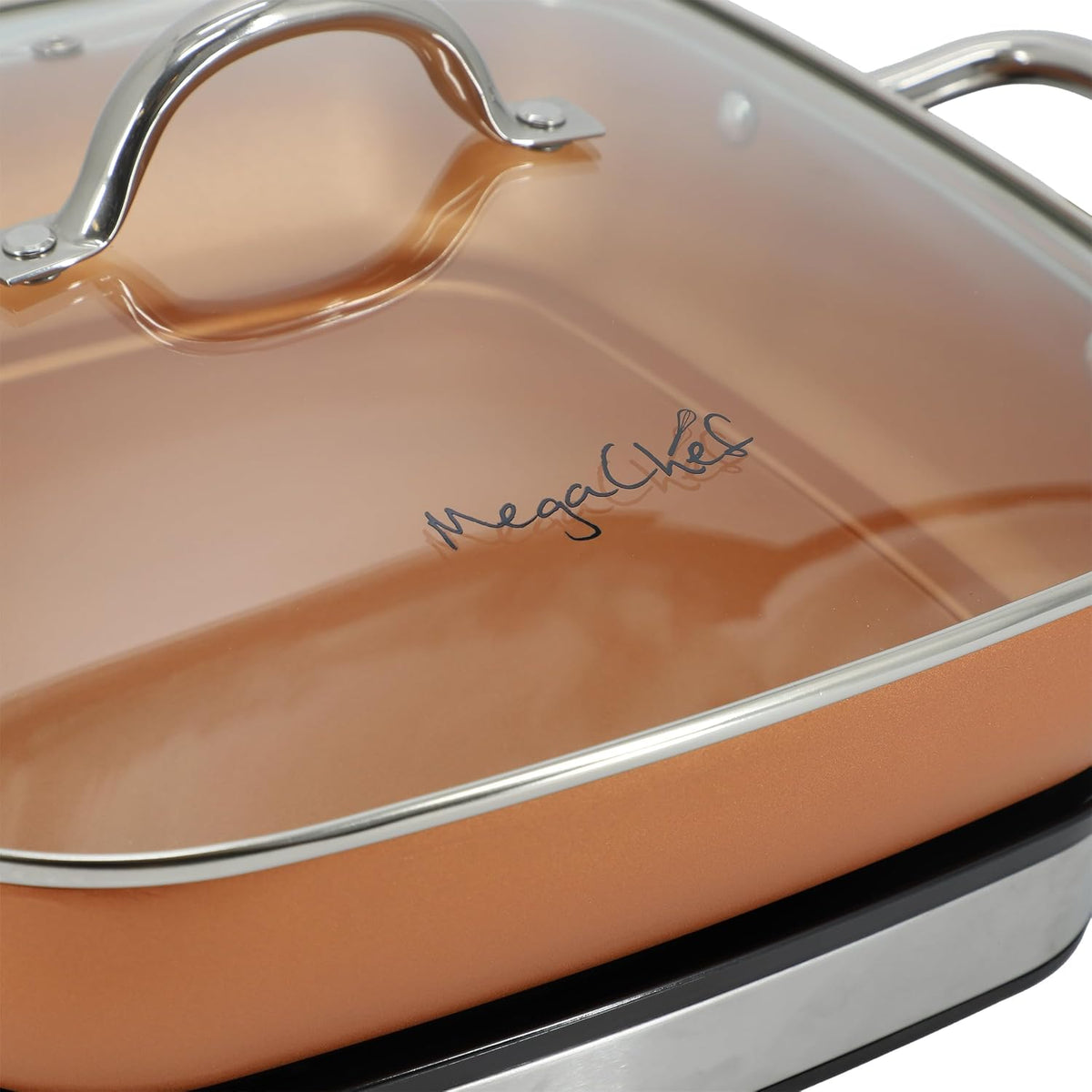 MegaChef - Electric frying pan with copper non-stick coating, tempered glass lid and adjustable temperature control, versatile small kitchen appliance (11.81 inch pan)