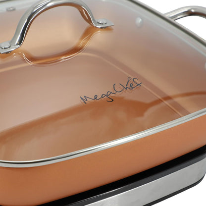 MegaChef - Electric frying pan with copper non-stick coating, tempered glass lid and adjustable temperature control, versatile small kitchen appliance (11.81 inch pan)