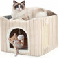 Avont Cat Cube Bed for Indoor Cats, 2-in-1 Enclosed Cat House with Scratching Pad, Foldable Cave Hideaway Bed for Kittens -Cream