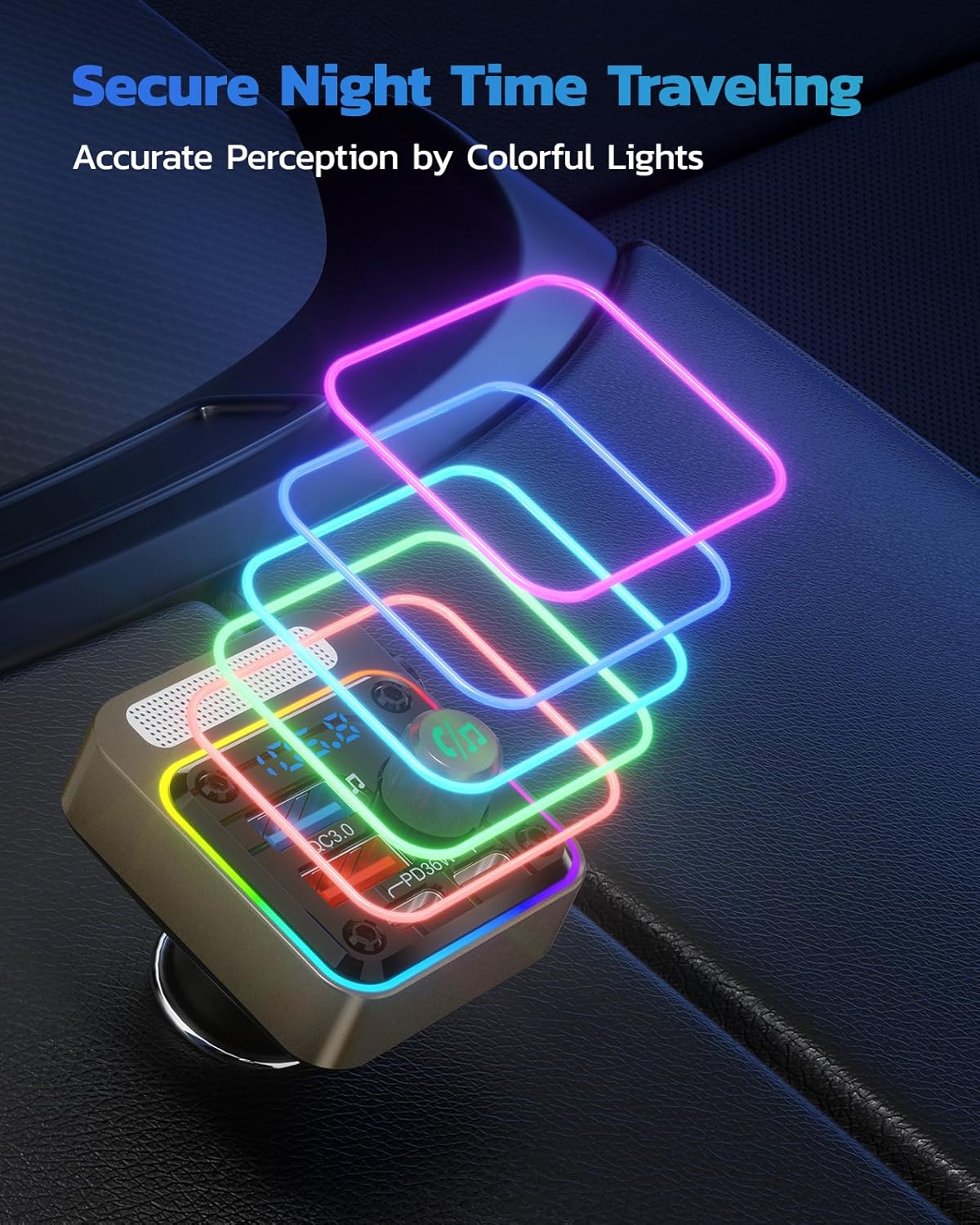 Nulaxy 54W [PD 36W & QC3.0 18W] Bluetooth 5.3 Car Adapter with 4 Charging Ports, Wireless Radio FM Transmitter Audio Receiver with Deep Bass MP3 Music Player, 5 Colors LED Backlit, Hands-Free Calling