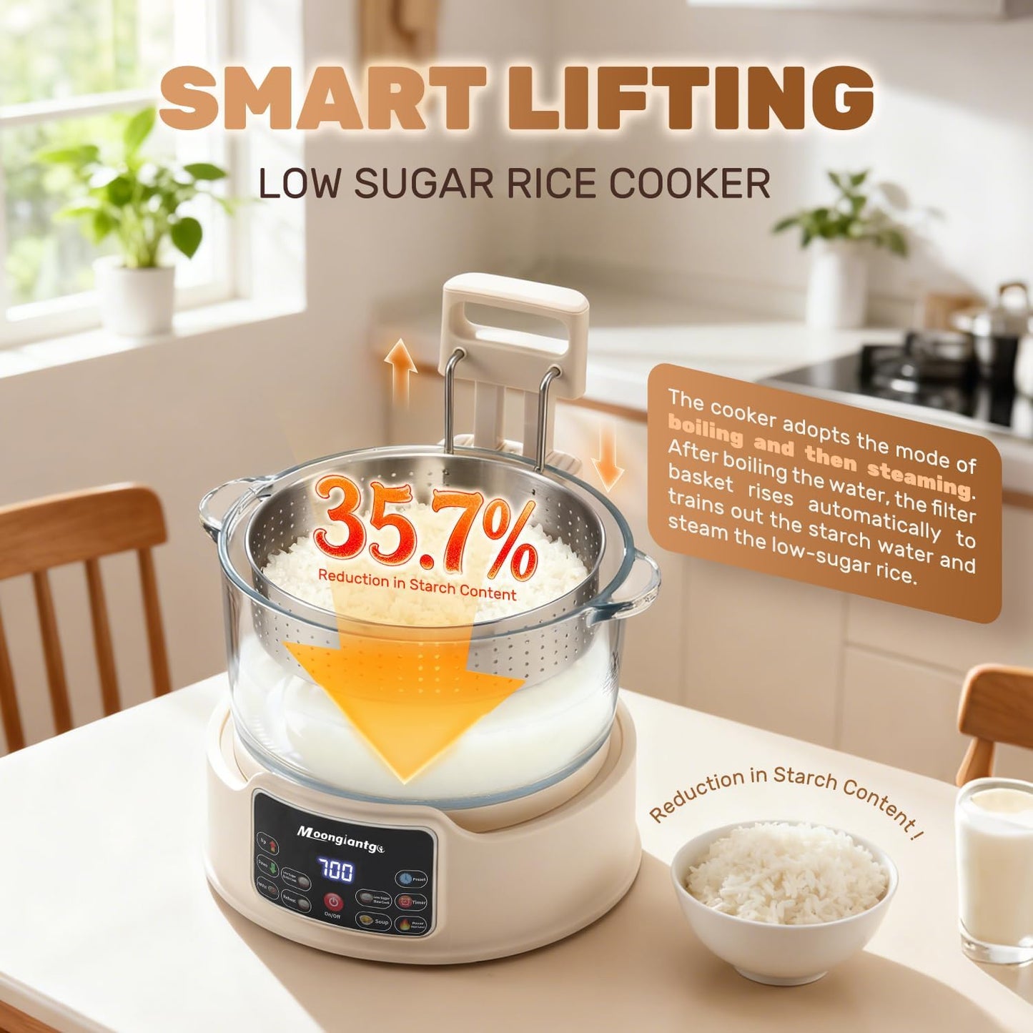 Moongiantgo Low Carb Rice Cooker 3L with Auto Lift Filter Basket, Glass Pot | Healthy Low Sugar Rice Maker 700W, Digital Touch Control, 12H Timer & Keep Warm, Steamer for Porridge, Soup, Oats, Grains