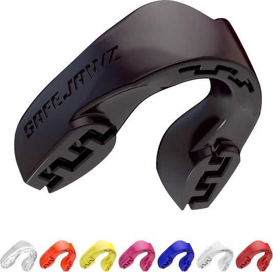 SAFEJAWZ Mouthguard Strapless Slim Fit, Adults and Junior with Case for Boxing, Basketball, Football, MMA, Martial Arts, Hockey and All Contact Sports (Adults (12+ Years), Black)