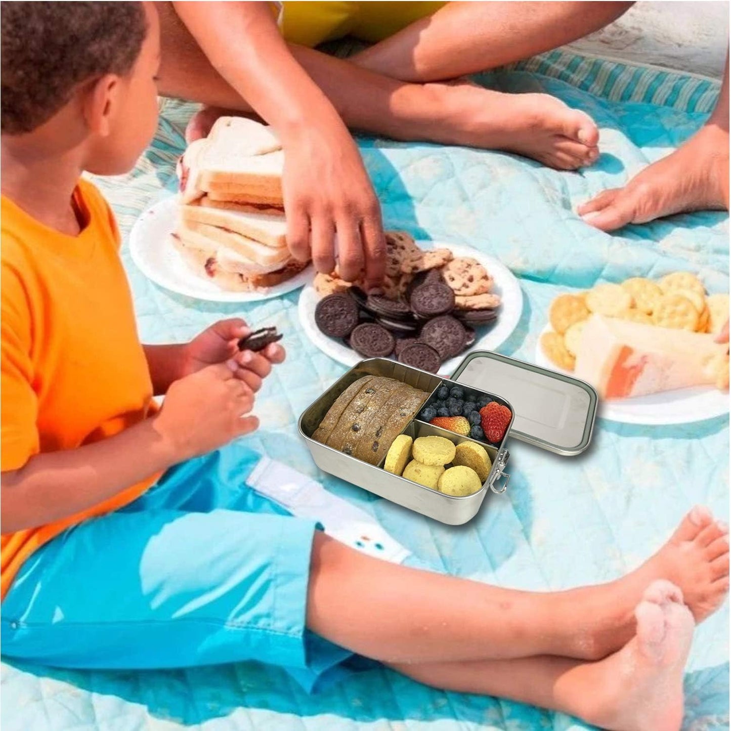 UPTRUST Leak Proof Stainless Steel Bento Lunch Container, (47OZ/1400ML) Metal Bento Lunch Box for Kids or Adults, 3 Compartment Packing Box for Work Lunch