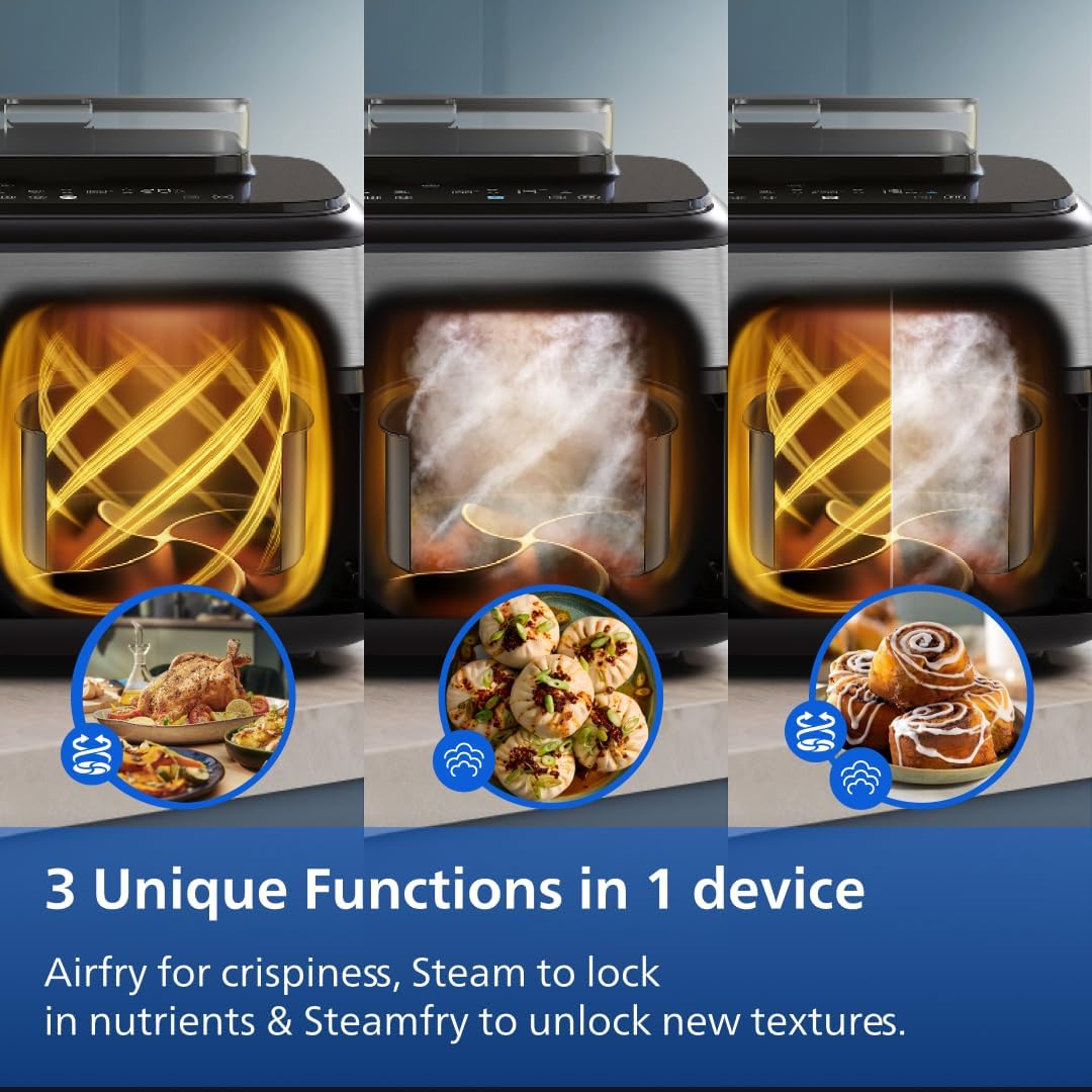 Philips 5000 Series 9.6qt (9L) Dual Basket All-in-One Air Fryer & Steam Cooker – 19 in One Cooking Functions, RapidAir Plus + Steam, Auto Steam Clean (NA555/00)