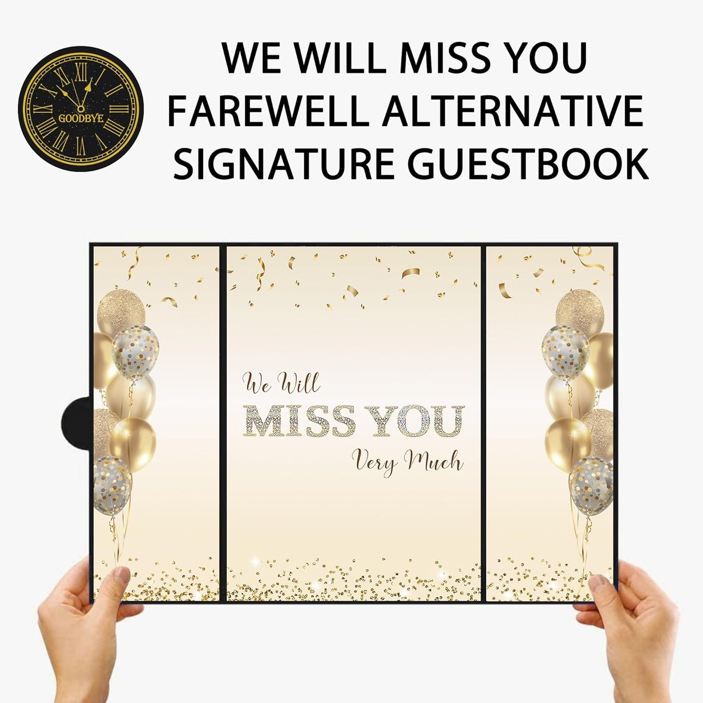 DARUNAXY Black Gold Farewell Party Decorations, We Will Miss You Very Much Alternative Signature Guest Book for Men Women Going Away Gifts Signing Card Board for Retirement Graduation Party Supplies - PuriLite