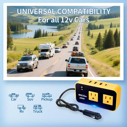 Bapdas 200W Car Power Inverter, DC 12V to 110V Car Charɡer Adapter with 20W USB-C/QC(18W)/4.8A Dual USB/Dual AC Outlet, Car Outlet Adapter Plug for Laptop