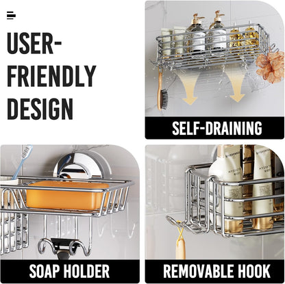 LEVERLOC Shower Caddy Suction Cup, 2 Pack Black Shower Shelf with Hooks and Soap Holder, NO-Drilling Bathroom Organizer, Rustproof Metal Bathroom Storage and Organization