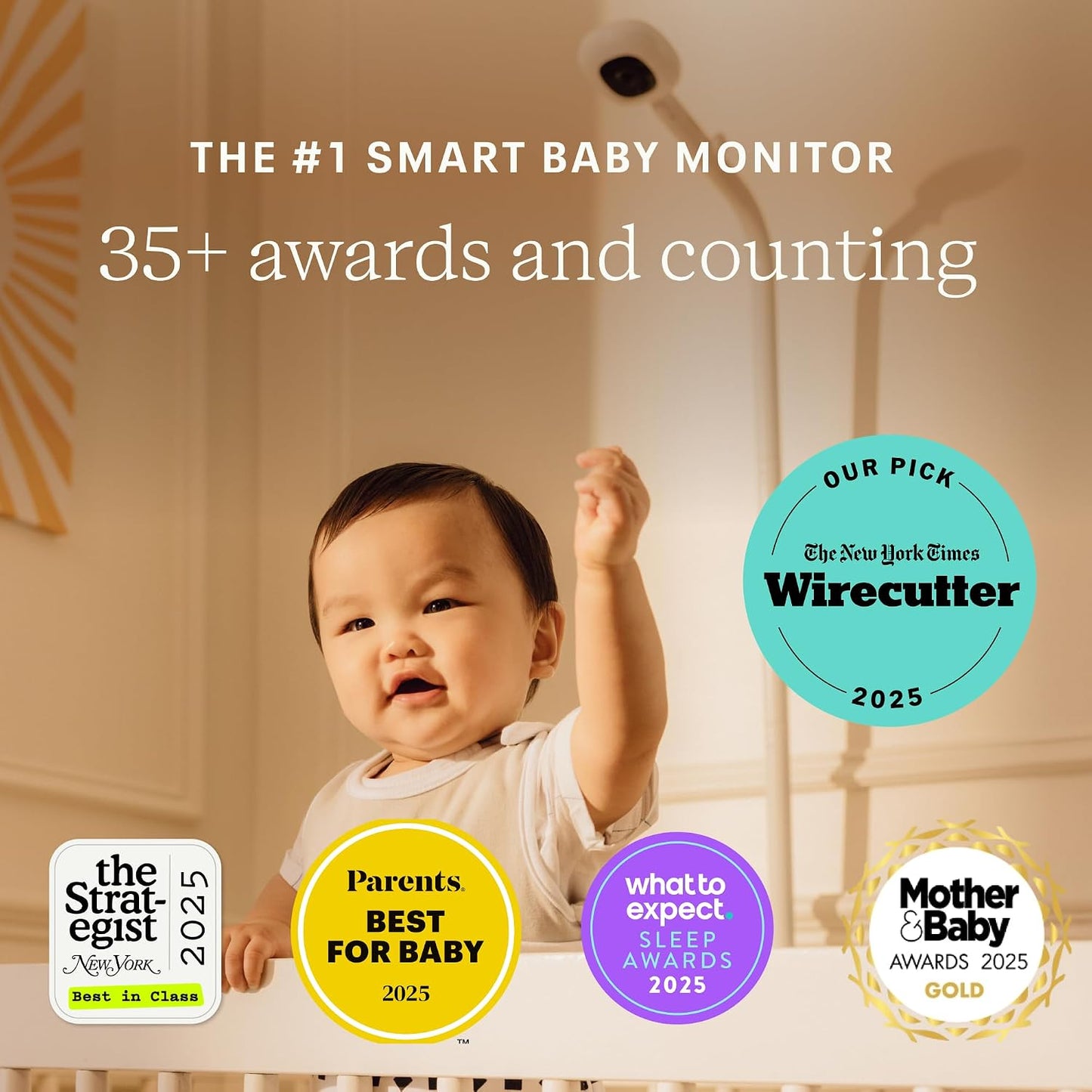 Pro Smart Baby Monitor | 1080p HD Wi-Fi Camera | Breathing Band | Sleep Tracking | 2-Way Audio | Floor Stand | White