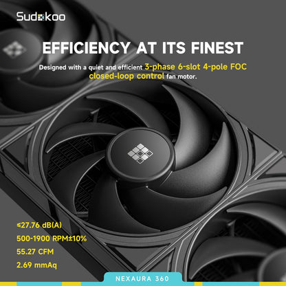 Sudokoo NEXAURA 240 Liquid CPU Cooler: 240mm AIO CPU Cooler with PWM Pump & ARGB Pump Head - Water Cooling with FDB Fans for Intel LGA 1851/1700/1200/115X AMD AM5/AM4 - Black