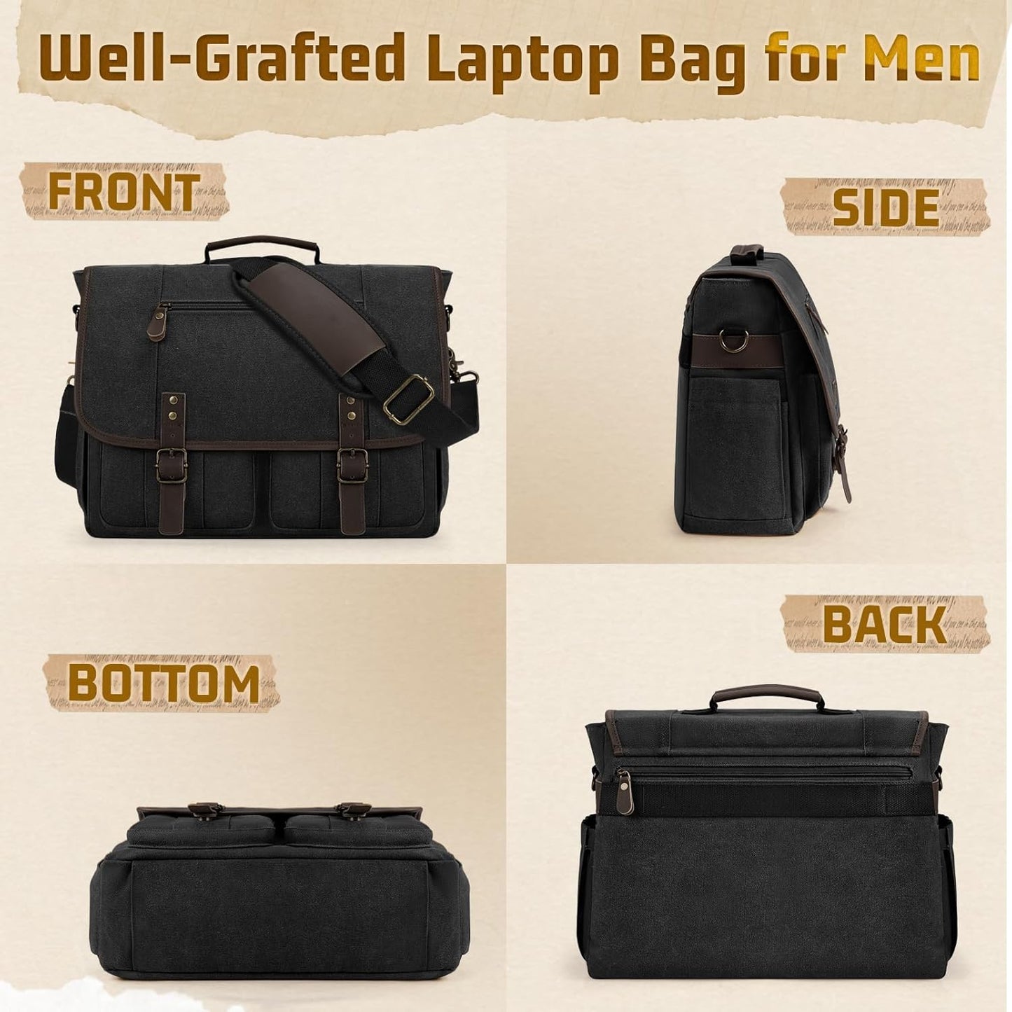 RAINSMORE Canvas Messenger Bag Men 17-17.3 Inch Laptop Bag Computer Briefcase Water Resistant Satchel Bag for Men Work Office - PuriLite