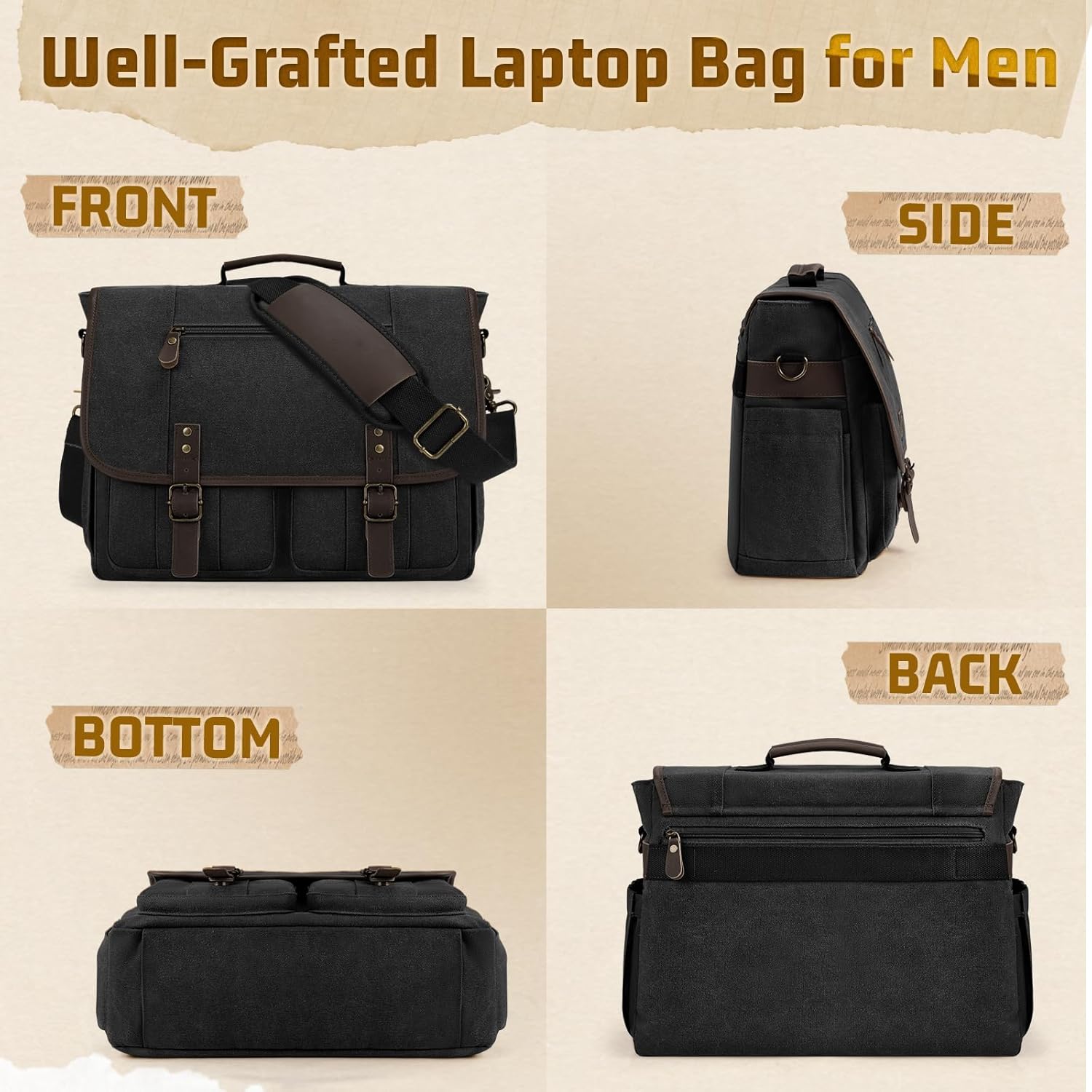 RAINSMORE Canvas Messenger Bag Men 17-17.3 Inch Laptop Bag Computer Briefcase Water Resistant Satchel Bag for Men Work Office - PuriLite