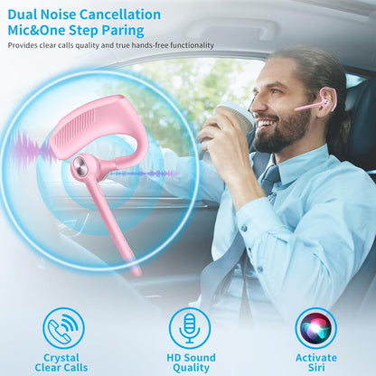 Wireless Headset Bluetooth Earpiece with Dual Noise Canceling Microphone Hands Free Headphones Single Ear Earphone Over Ear Earbud for iPhone Samsung Android Cellphones TV PC Trucker Game Work