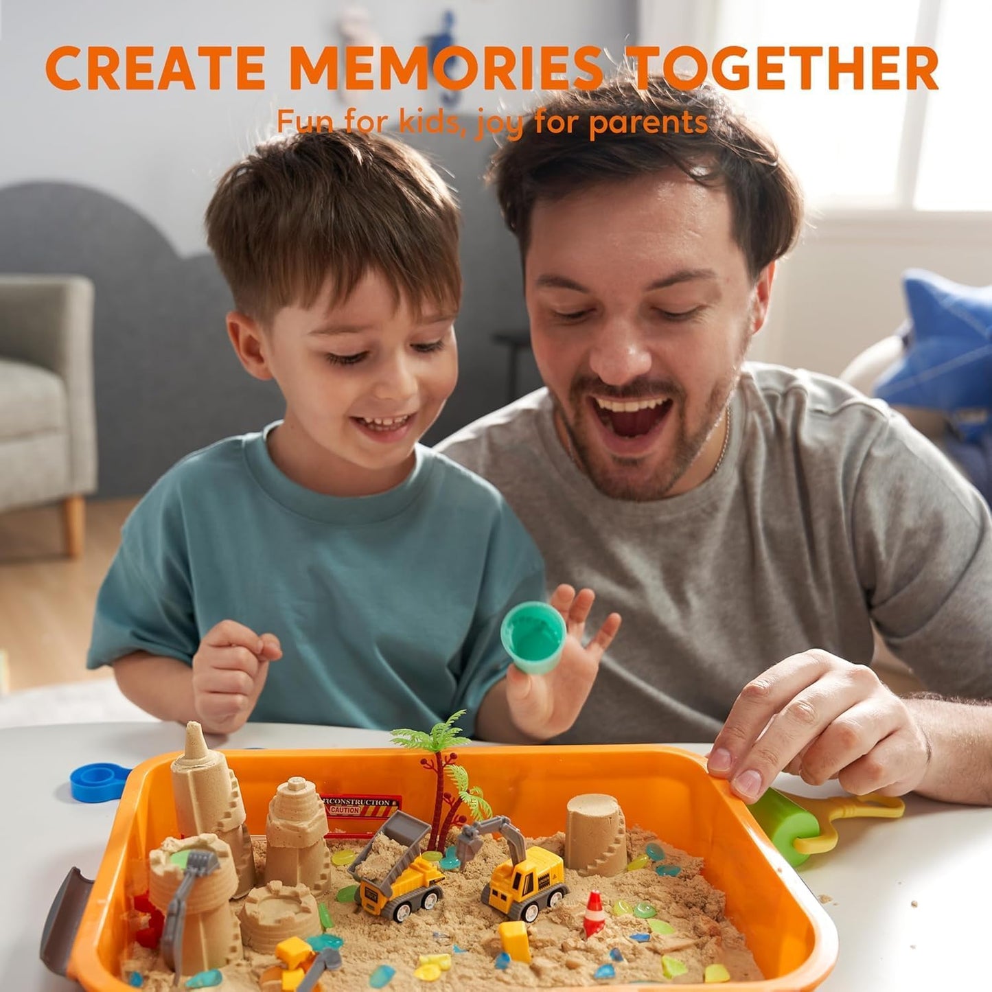 Klever Kits Construction Sensory Bin for Toddlers with Glow in The Dark Stones, Sandbox with Lid Magic Sand Castle Building kit, Preschool Learning Activities for Boys Girls Age 3+