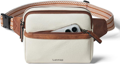 LATMAP 3L Fanny Pack Crossbody Bags for Women Men 4-Zipper Pockets Belt Bag Sling Waist Pack Faux Leather Chest Bag Purse Beige