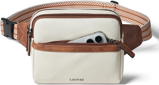 LATMAP 3L Fanny Pack Crossbody Bags for Women Men 4-Zipper Pockets Belt Bag Sling Waist Pack Faux Leather Chest Bag Purse Beige