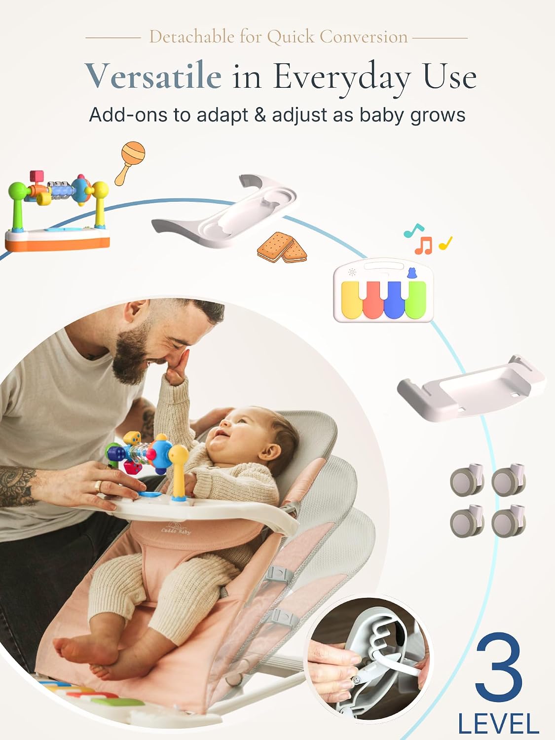 CuddoBaby Baby Bouncer 4-in-1 on Wheels |Detachable Pianos, Feeding Tray| 3-Level Recline Foldable Seat with Play Bar for Infant to Toddler 0-6, 0-12, 12-24 Months, Baby Gift Idea- Blue