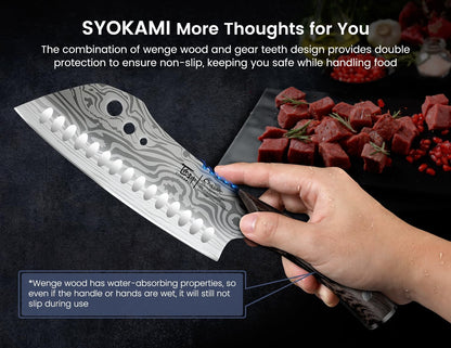 SYOKAMI Meat Cleaver Chef Knife, 7.7 Inch Multifunction Butcher Knife with Herb Stripper and Sheath, Chinese Cleaver Heavy Duty Bone Chopper, Meat Cutting, Damascus Pattern Full Tang Wood Handle