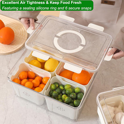 Taiuloo Divided Serving Tray with Lid & Handle, Airtight 6 Compartment Snackle Box Charcuterie Container, Fridge Organizer Bins, Food Storage Container Veggie Tray for Snack, Fruit, Salad, Nut