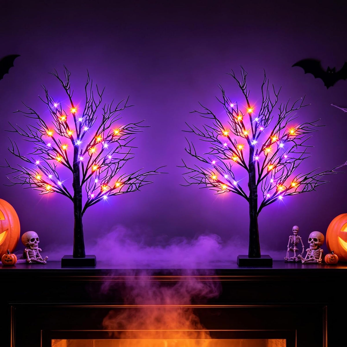 Halloween Decorations Indoor, 2 Pack 26 Inch Black Halloween Tree Set, 56 Orange & Purple LED Lights, USB & Battery Powered Tabletop Spooky Twig Trees with Timer, Creepy Halloween Decor for Mantels