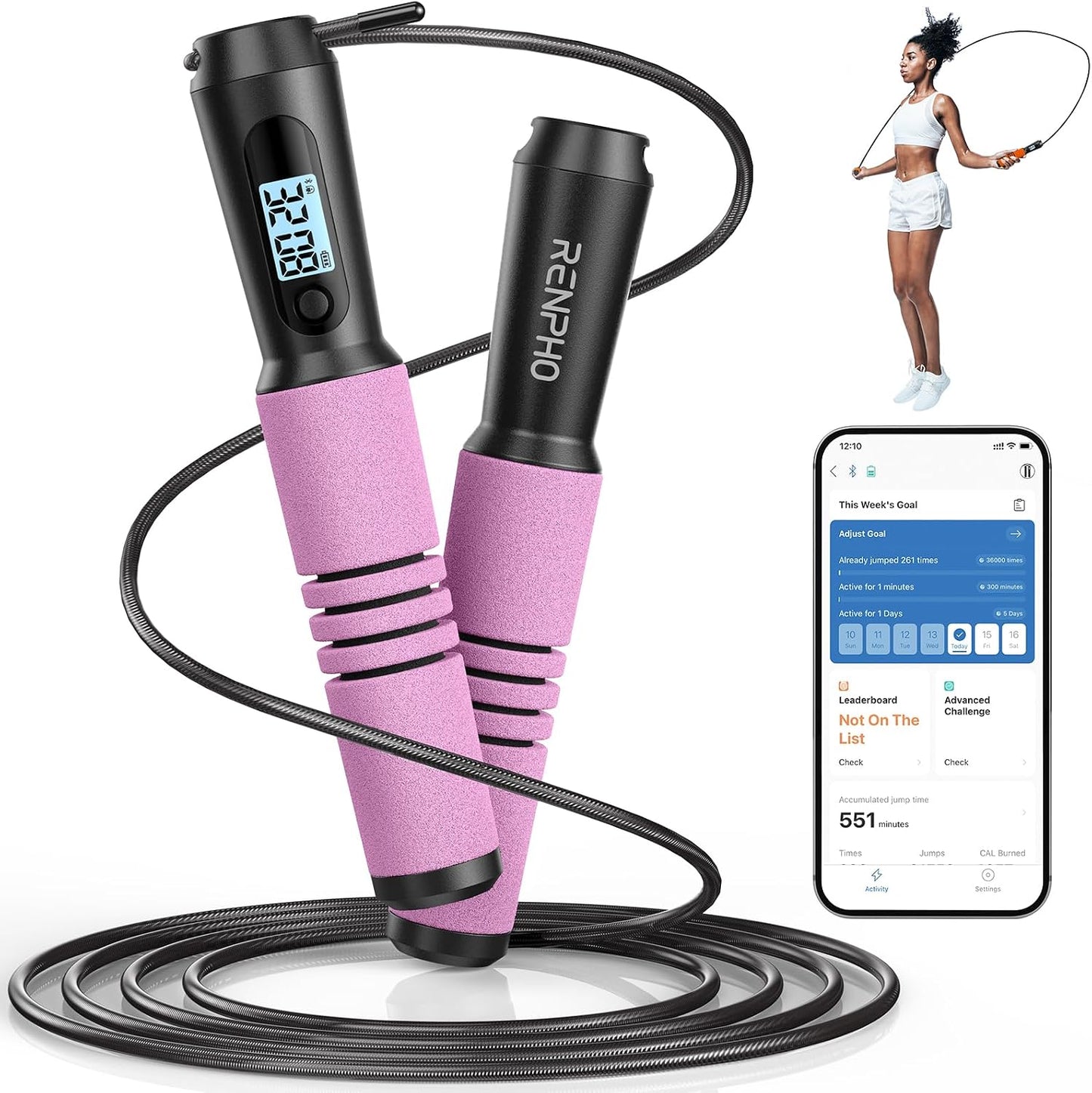 RENPHO Smart Jump Rope, Cordless Jump Rope, High-Speed Jump Rope with Counter, Fitness Skipping Rope with APP Data Analysis, Workout Jump Ropes for Home Gym, Crossfit for Exercise for Men, Women