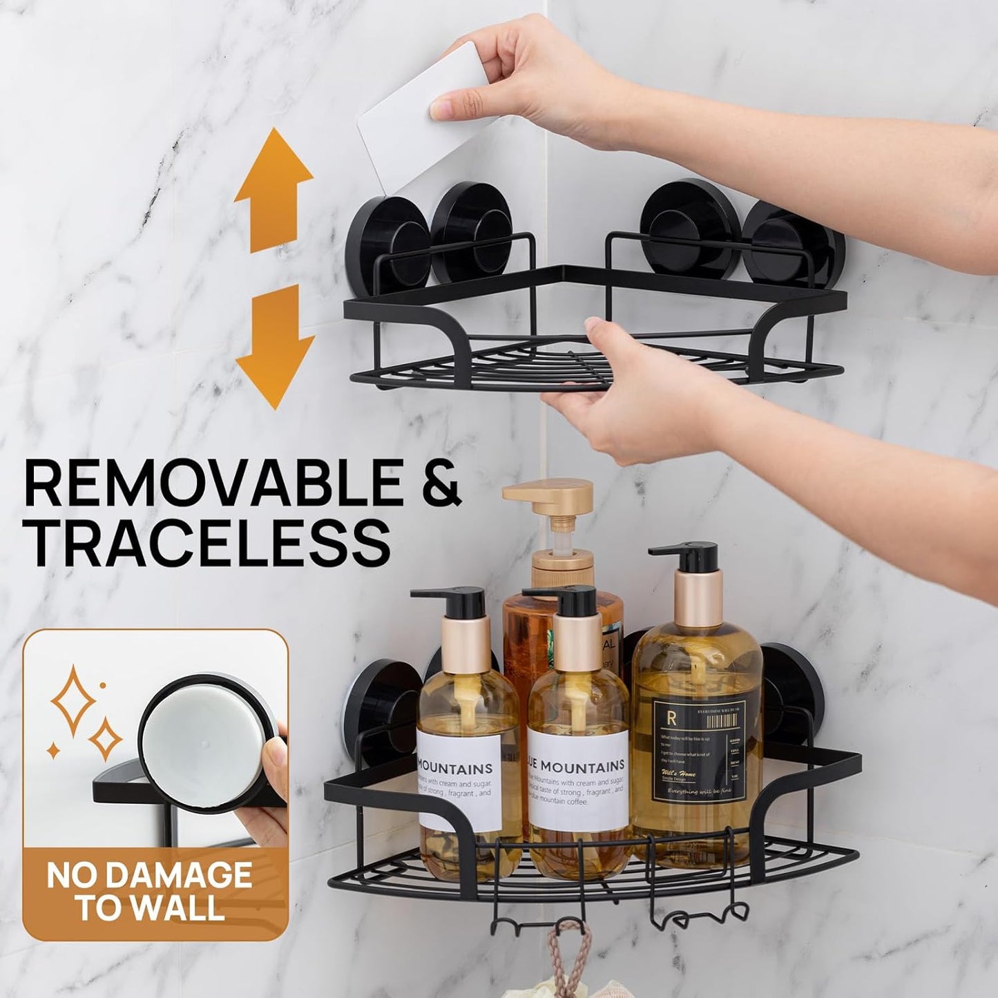 LEVERLOC Shower Caddy Suction Cup, 2 Pack Black Shower Shelf with Hooks and Soap Holder, NO-Drilling Bathroom Organizer, Rustproof Metal Bathroom Storage and Organization