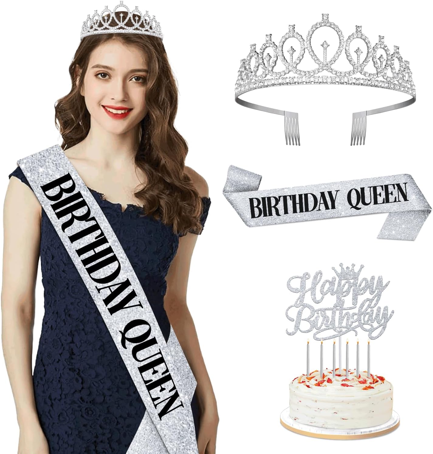 65th Birthday Decorations for Women, Including 65th Birthday Sash and Crown, Cake Topper and Candles, Number Balloons Rose Gold, 65 Year Old Gifts for Women
