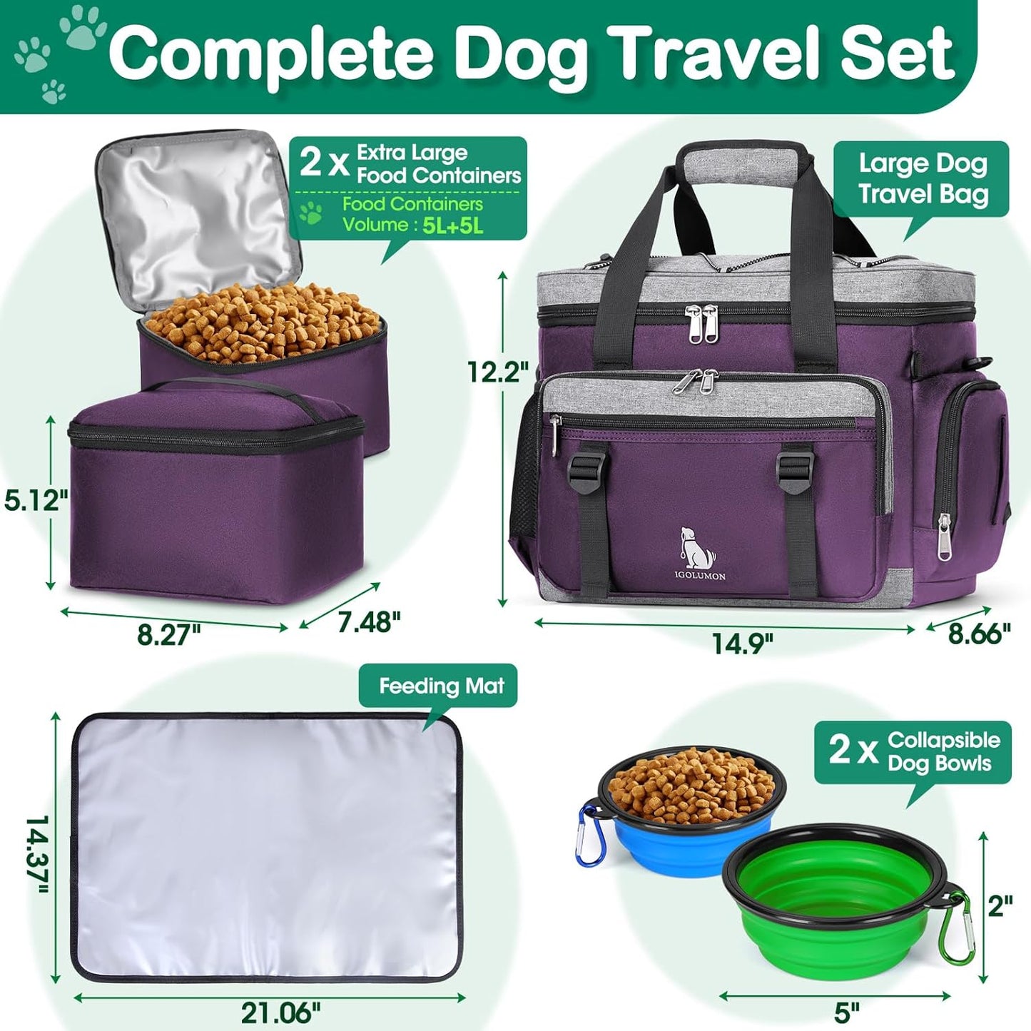 IGOLUMON Dog Travel Bag Weekend Pet Travel Bag Set for Supplies Large Dog Camping Kit Airline Approved Tote Organizer with Multi Pockets, 2 Large Food Containers, 2 Dog Bowls, 1 Feeding Mat
