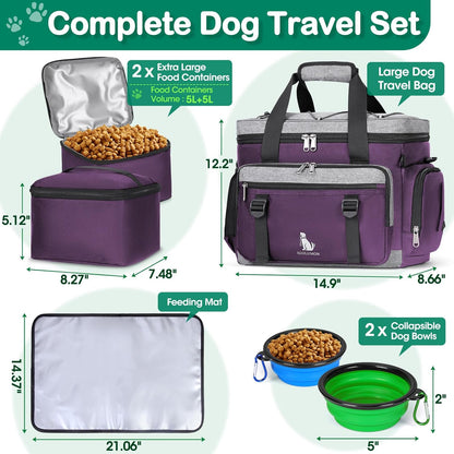 IGOLUMON Dog Travel Bag Weekend Pet Travel Bag Set for Supplies Large Dog Camping Kit Airline Approved Tote Organizer with Multi Pockets, 2 Large Food Containers, 2 Dog Bowls, 1 Feeding Mat