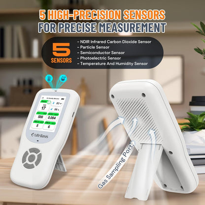 LifeBasis Air Quality Monitor Indoor, 10-in-1 Air Quality Detector with Stand, Real-Time Air Meter Test AQI, PM1.0, PM2.5, PM10, CO2, TVOC, HCHO, Particles, Temperature and Humidity with Alert -Black