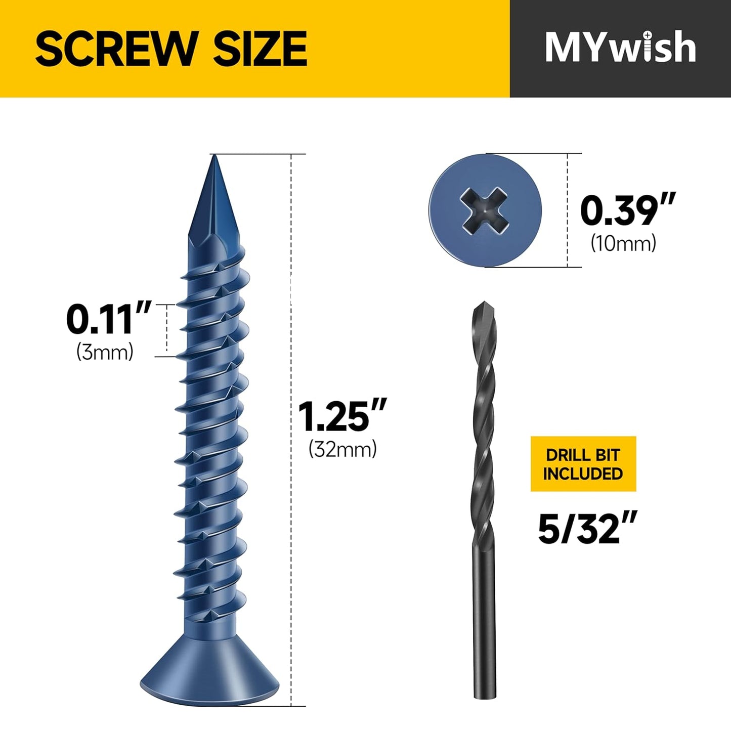Mywish 30Pcs 1/4 x 1-3/4" Concrete Screws, Slotted Hex Washer Head Stucco Screws Anchor Kit with 3/16 Drill Bit, Masonry Screws Self Tapping for Anchoring to Masonry, Block or Brick Stucco
