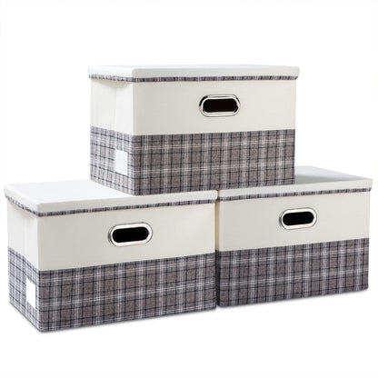 PRANDOM Large Foldable Storage Bin with Lid [1-Pack] Linen Fabric Decorative Storage Box Organizer Containers Basket Cube with Handles Divider for Bedroom Closet Office Living Room (17.7x11.8x11.8")