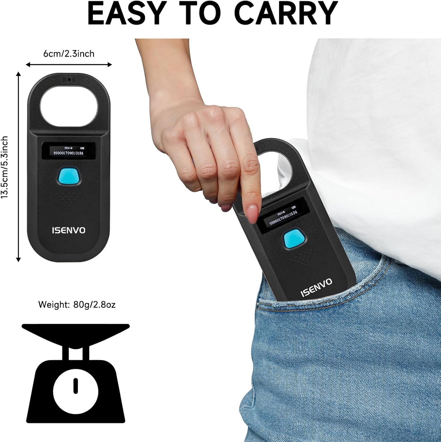 Pet Microchip Scanner | 15-Digit RFID Animal Chip Reader with Rechargeable Battery, USB Connectivity and Backlit Display