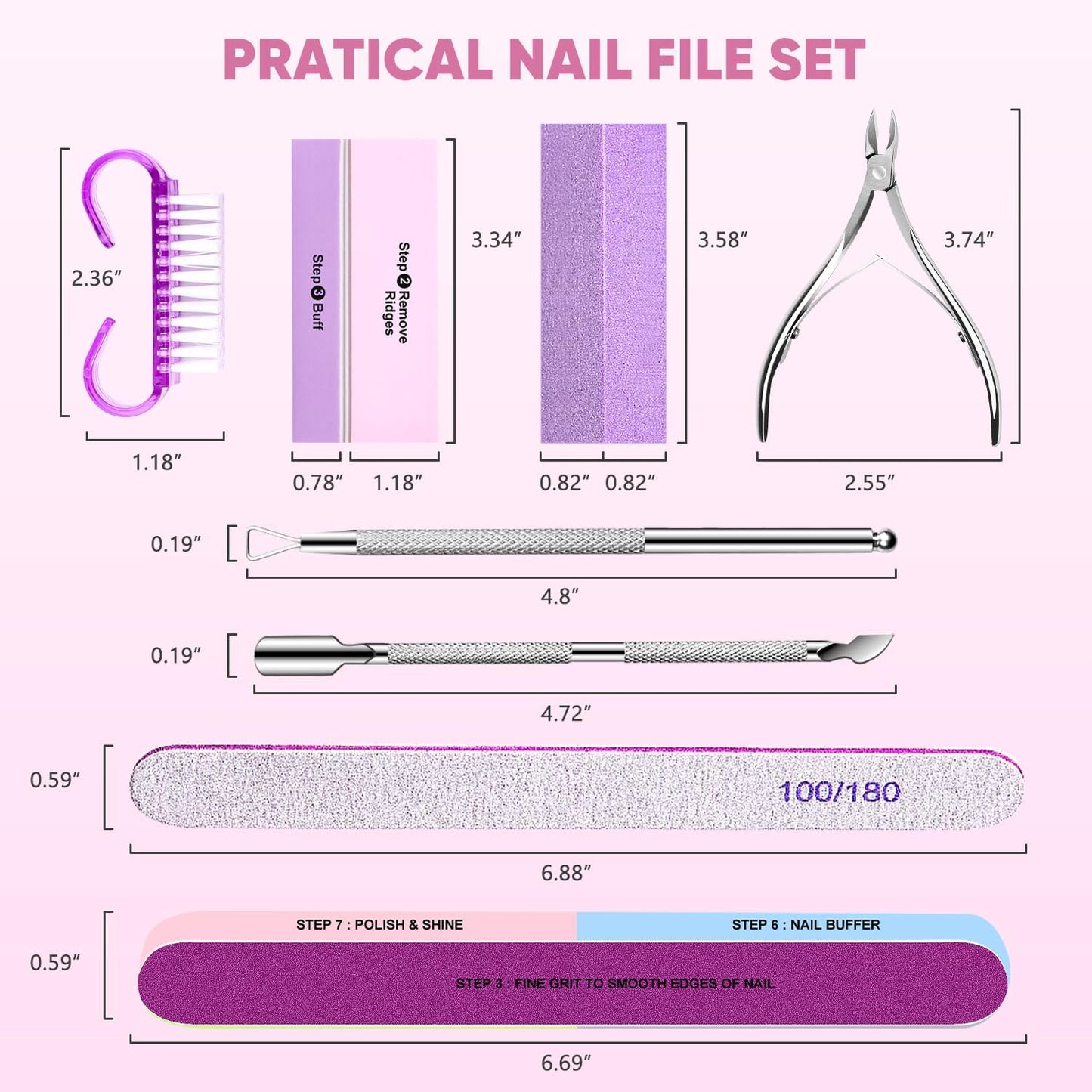 Nail Files and Nail Buffers, Subay 15Pcs Manicure Tools Kit Nail File Kit with 8pcs Nail Files, 3pcs Nail Buffer Blocks,Cuticle Nippers & Pusher Nail Brushes Nail Art Tool Kit for Home Salon