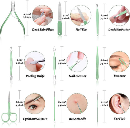 Manicure Pedicure Set, Nail Clipper Set for Men Women, Professional Manicure Kit Pedicure Kit, Nail Care Kit with Green Travel Leather Bag, Set 12 in 1