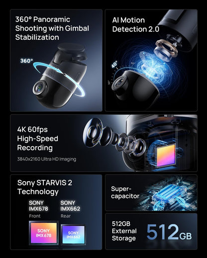 70mai Dual Dash Cam Front and Rear 4K, Car Camera for Cars with Sony IMX678 Sensor, STARVIS 2 Night Vision, AI Motion Detection, ADAS, Wi-Fi 6, Parking Monitor, Voice Control (4K Omni X800)