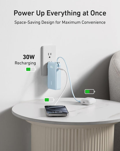 ANKER Nano 3-in-1 Power Bank, Foldable AC Plug, 10,000mAh, 30W Two-Way Fast Charging, Built-in Lightning Cable (Not for iPhone 16/15 Series), Compatible with iPhone 14 Series, AirPods, and More