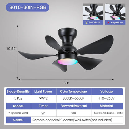 Modern Ceiling Fans with Lights Remote/APP Control, 29" Flush Mount Ceiling Fans with 3 CCT Dimmable Lights, Low Profile Ceiling Fans with 5 Propeller Blades LED Lights for Kids Room Bedroom, Brown - PuriLite