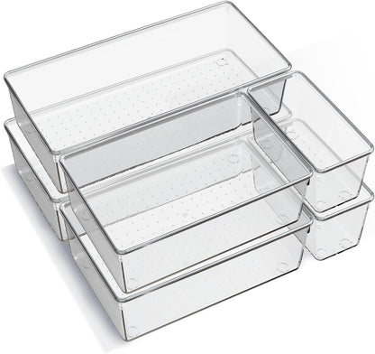 Criusia Large Drawer Organizer Bins 26 Pack | Complete 5 Size Clear Plastic Kitchen Drawer Organizers for Utensils | Bathroom Drawer Organizer Trays | Versatile for Makeup Office Organization