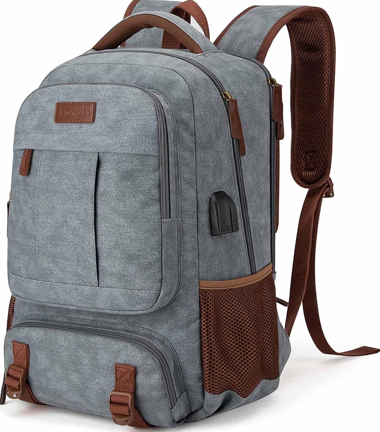 Tzowla Canvas Laptop Backpack Men,Bag for Women,School Travel College Work Rucksack Fits 15.6 Inch Laptop,Bookbag with USB Charging Port,Dark Grey
