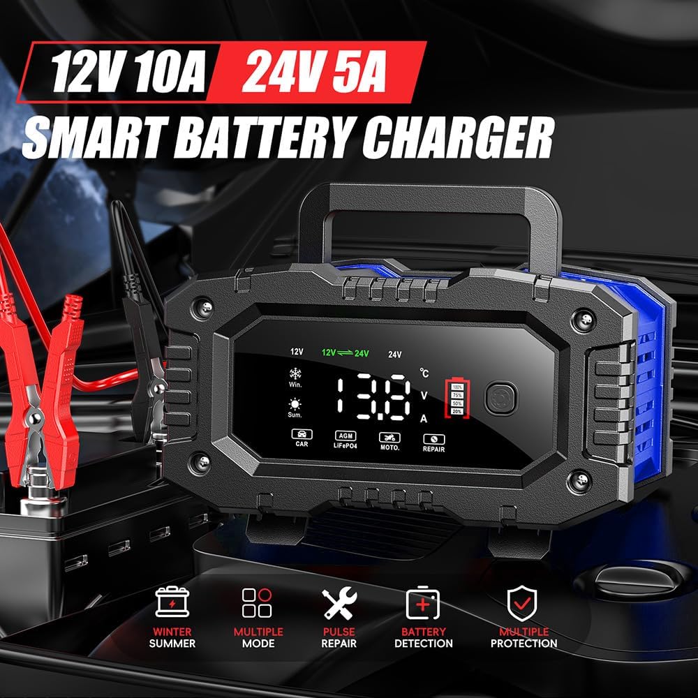 IRICO Multi-Stage Smart Battery Charger for Lithium-ion, LifePo4, AGM, Gel, SLA, Wet, EFB, Deep Cycle Batteries, with Repair Feature. Charge at 12V, 10A or 24V, 5A (12V 10A)
