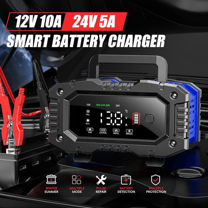 IRICO Multi-Stage Smart Battery Charger for Lithium-ion, LifePo4, AGM, Gel, SLA, Wet, EFB, Deep Cycle Batteries, with Repair Feature. Charge at 12V, 10A or 24V, 5A (12V 10A)