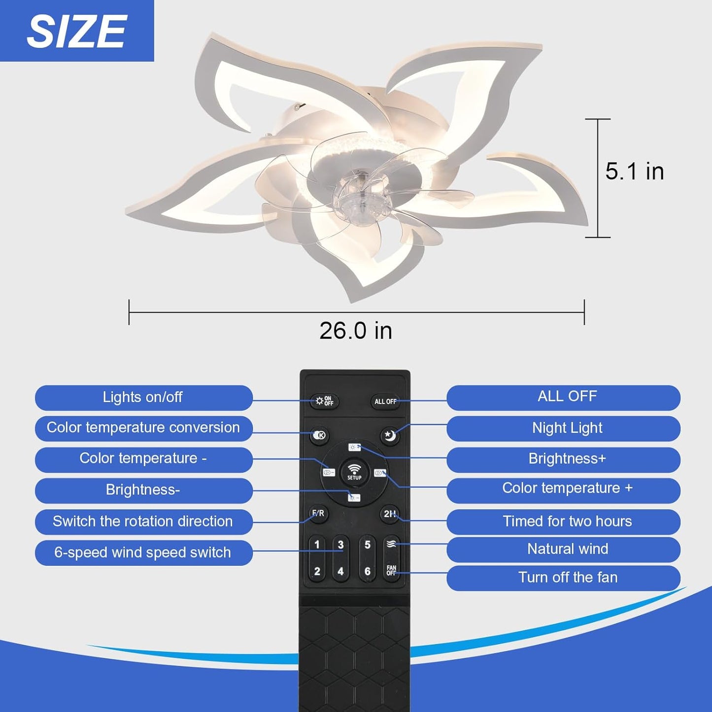 26" Geometric Ceiling Fan with Lights, 6 Speeds 3 Colors Ceiling Fan with Light Remote Control, White Low Profile Flush Mount Ceiling Fan for Kitchen Bedroom Living Room