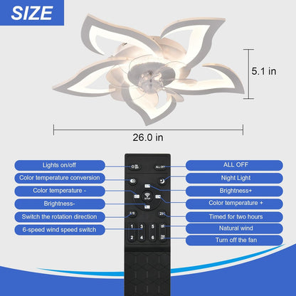26" Geometric Ceiling Fan with Lights, 6 Speeds 3 Colors Ceiling Fan with Light Remote Control, White Low Profile Flush Mount Ceiling Fan for Kitchen Bedroom Living Room