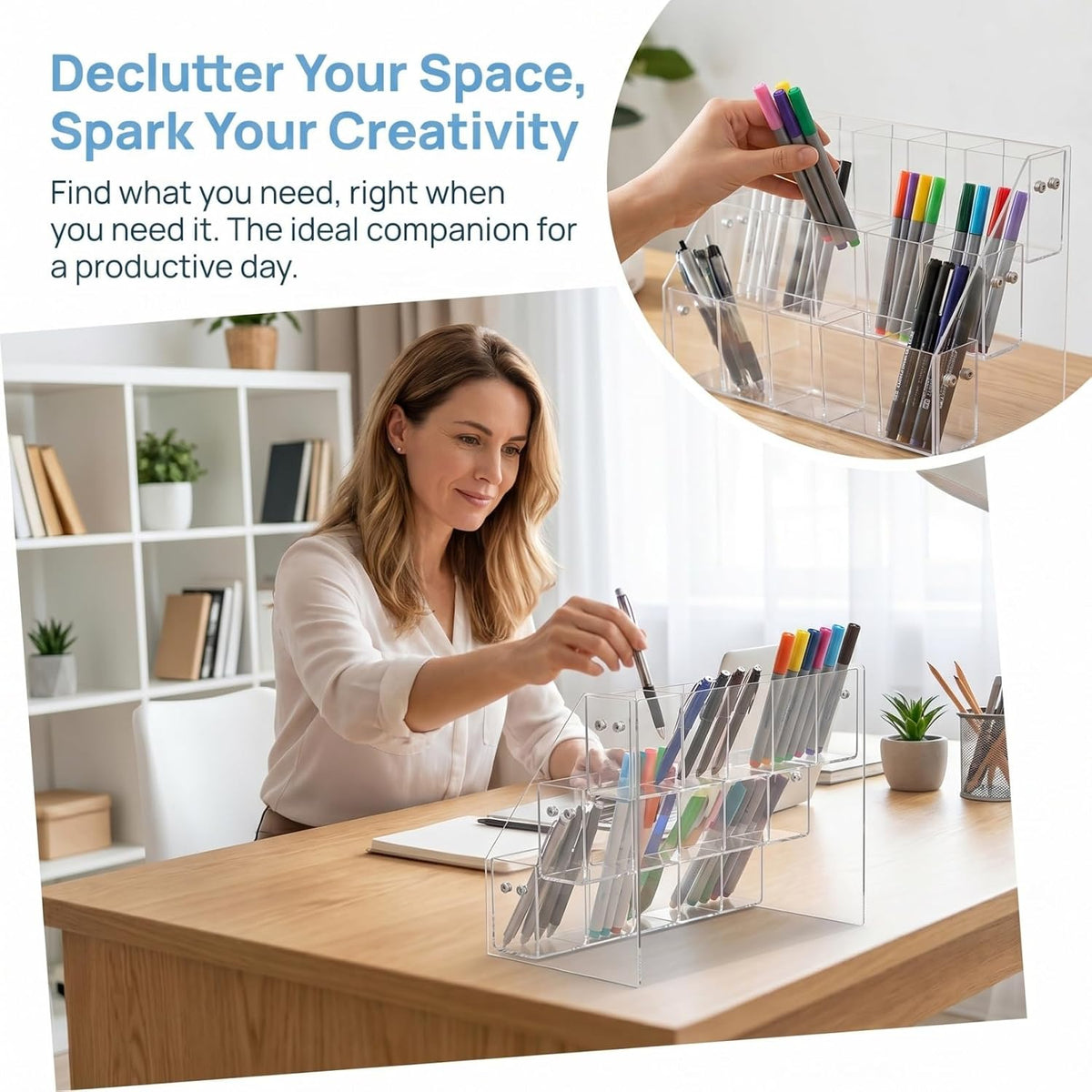 Luxshiny Acrylic Pen Holder Pencil Organizer with 3-tier Right Angle Design, Marker Storage Rack for Desk Stationery Display, Plastic Pen Container Suitable for Office and School Supplies