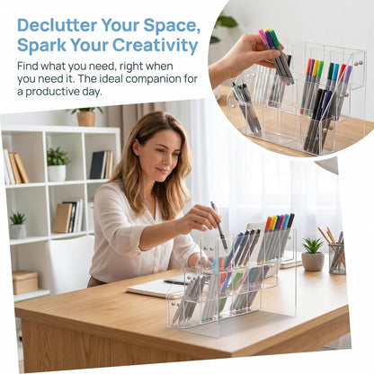 Luxshiny Acrylic Pen Holder Pencil Organizer with 3-tier Right Angle Design, Marker Storage Rack for Desk Stationery Display, Plastic Pen Container Suitable for Office and School Supplies