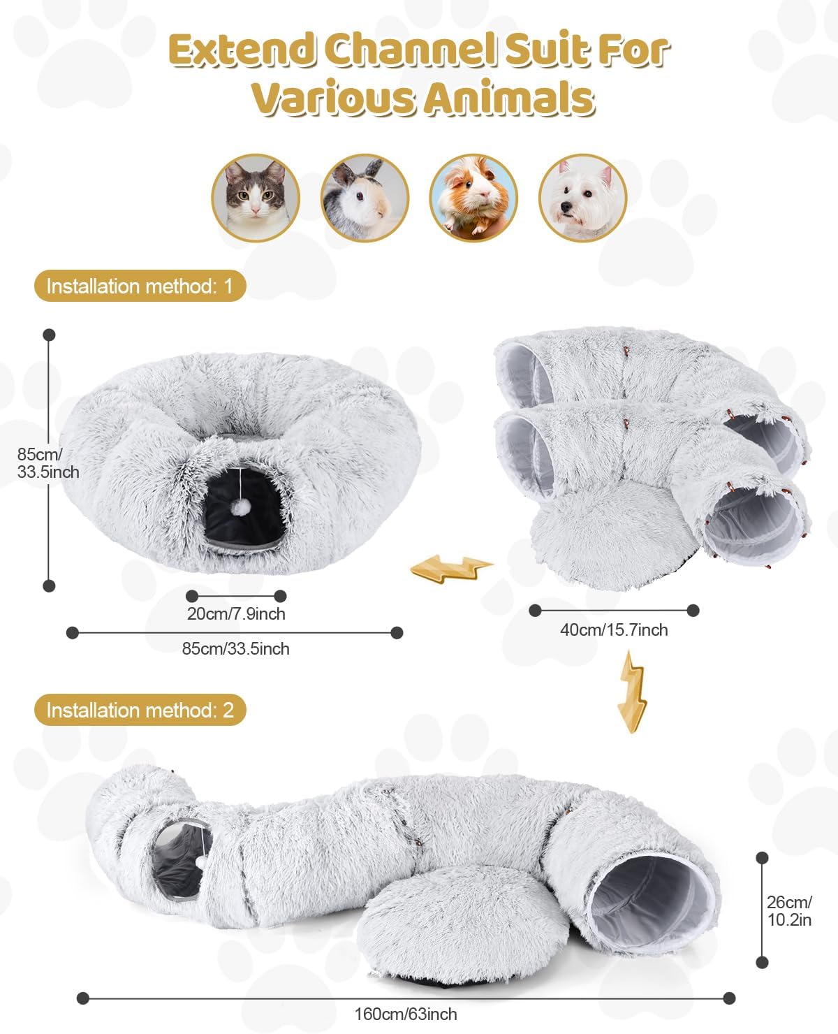 Odoland Large Cat Tunnel, Collapsible Cat Tube with 20pcs Cat Toys | S-Shape Donut Tunnel with Central Mat for Kitten, Puppy, Ferret, Rabbit, Indoor Cats,White